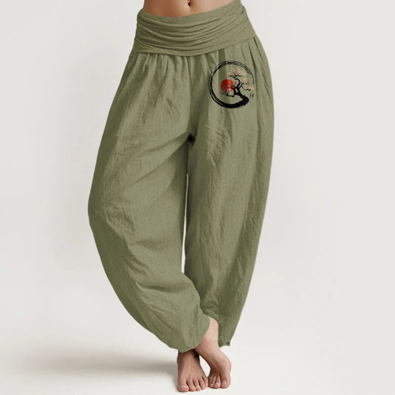 Buddha Stones Pine Tree Red Sun Zen Character Pattern Pure Cotton Women's Elastic Waist Harem Pants