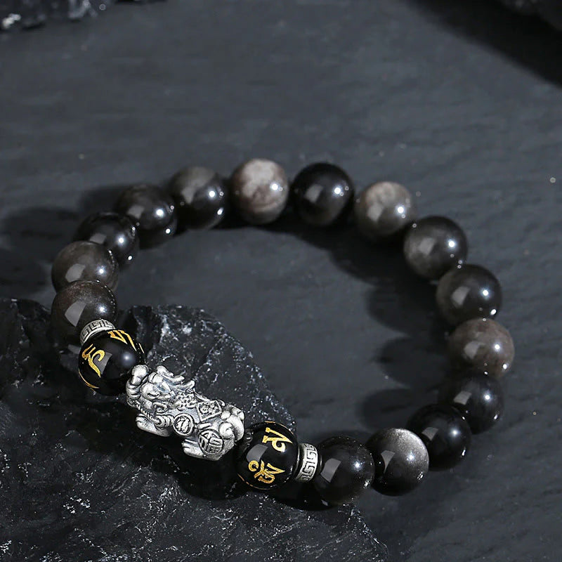 Buddha Stones 999 Sterling Silver PiXiu Natural Black Obsidian Strength Bracelet