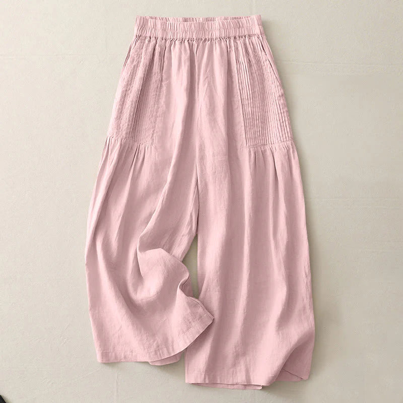 Buddha Stones Casual Plain Tucker Pleats Elastic Women's Polyester Wide Leg Pants With Pockets