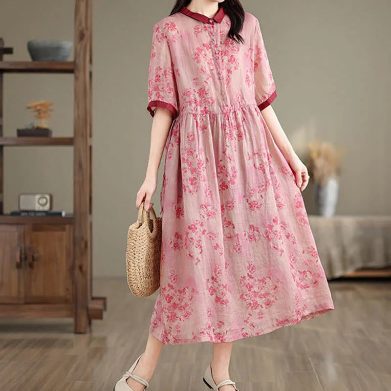Buddha Stones Retro Printing Floral Pattern Drawstring Design Half Sleeve Cotton Midi Dress With Pockets