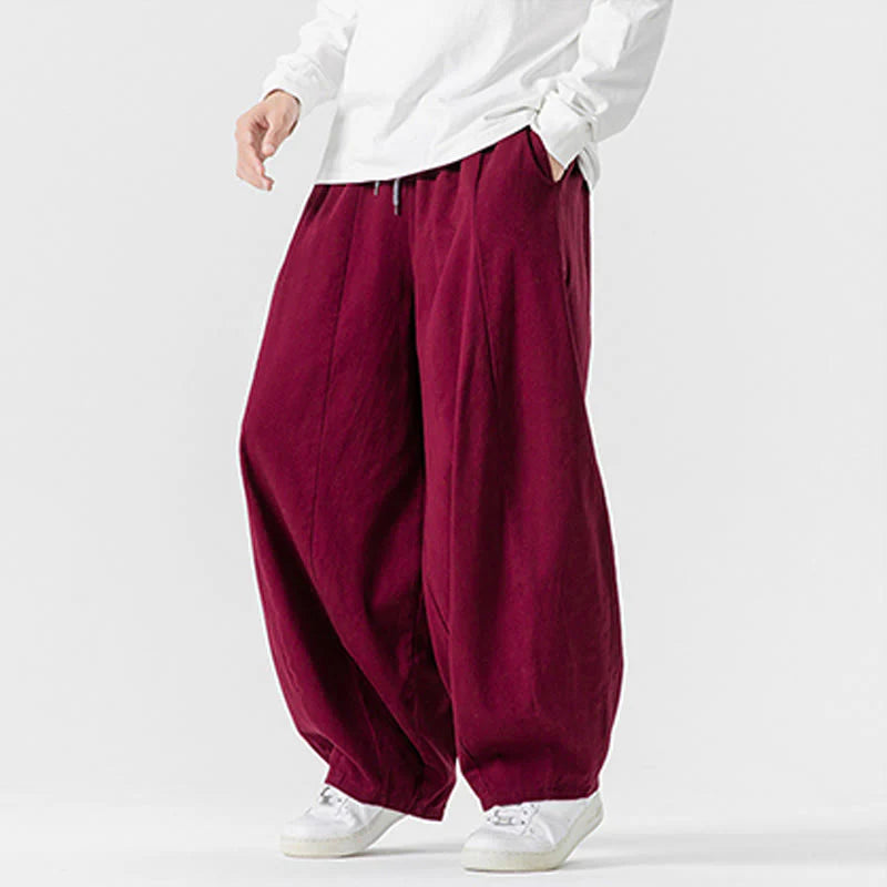 Buddha Stones Winter Commute Plain Drawstring Design Men's Wide Leg Cotton Pants With Pockets