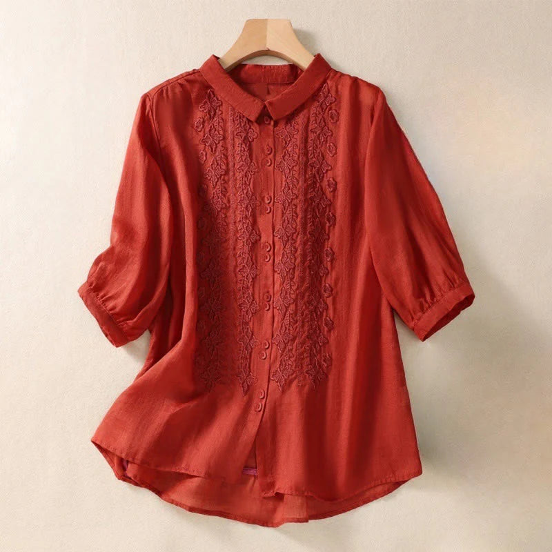 Buddha Stones Summer Plain Button Embroidery Flower Pattern Three Quarter Sleeve Lapel Cotton Linen Women's Shirt