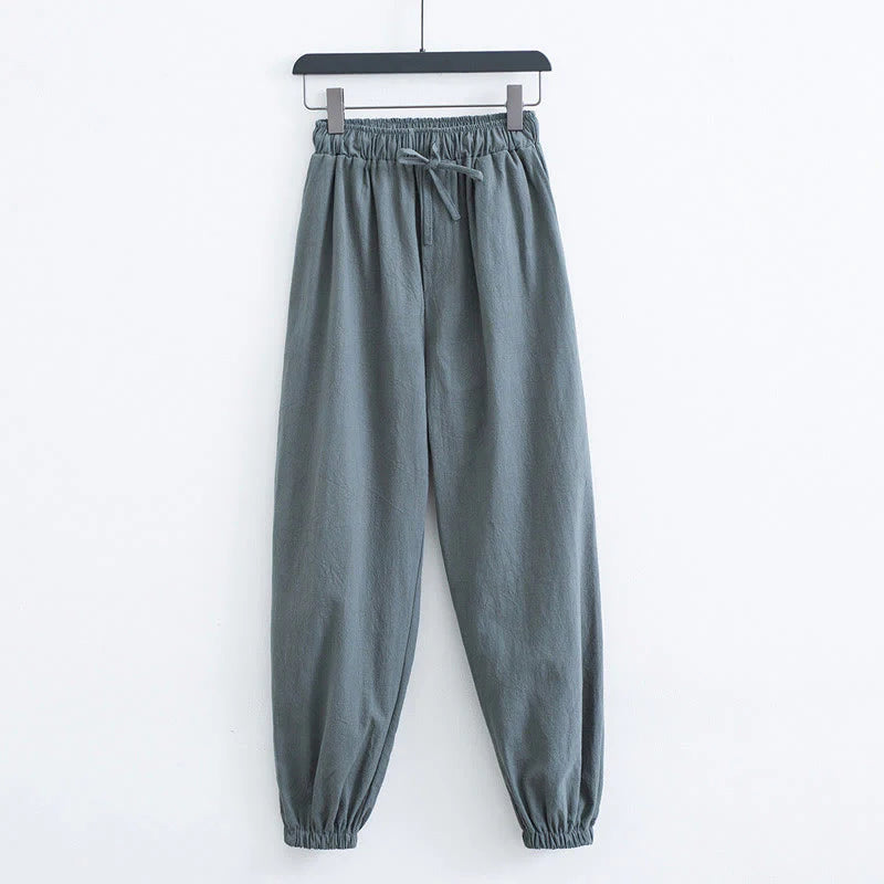 Buddha Stones Solid Color Cotton Linen Casual Men's Harem Pants With Pockets