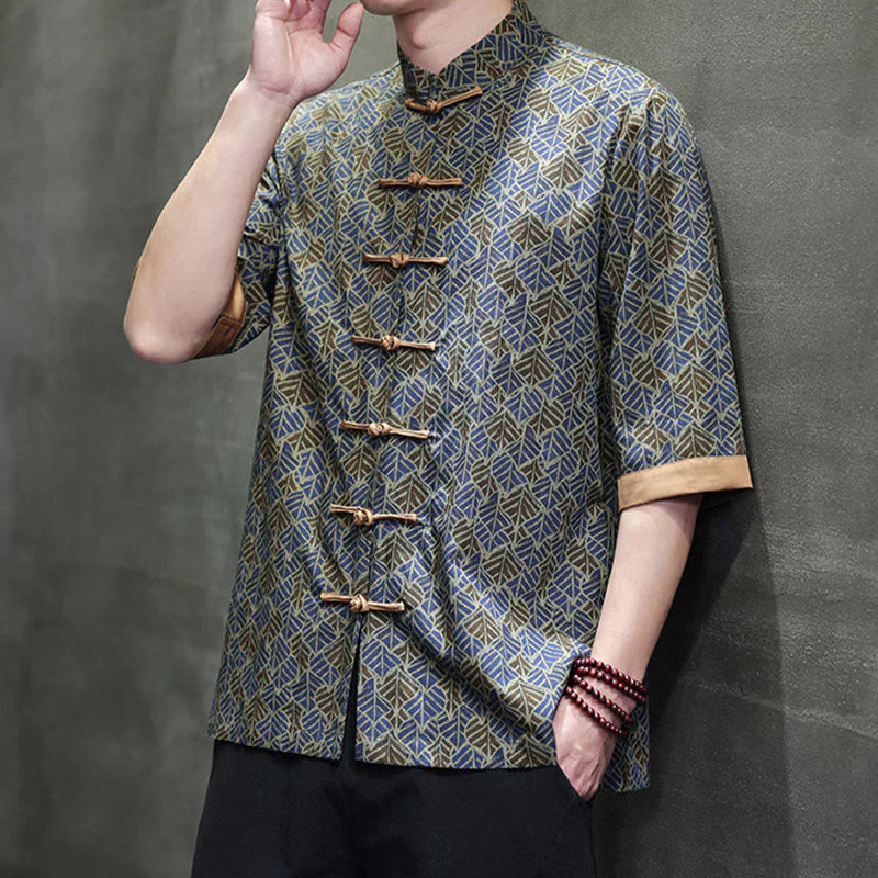 Buddha Stones Summer Colorful Floral Leaves Pattern Short Sleeve Frog-button Design Men's Cotton Shirt