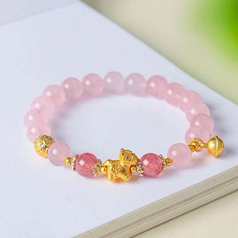 Buddha Stones Year Of The Horse 8mm Citrine Pink Crystal Strawberry Quartz Protection Bracelet