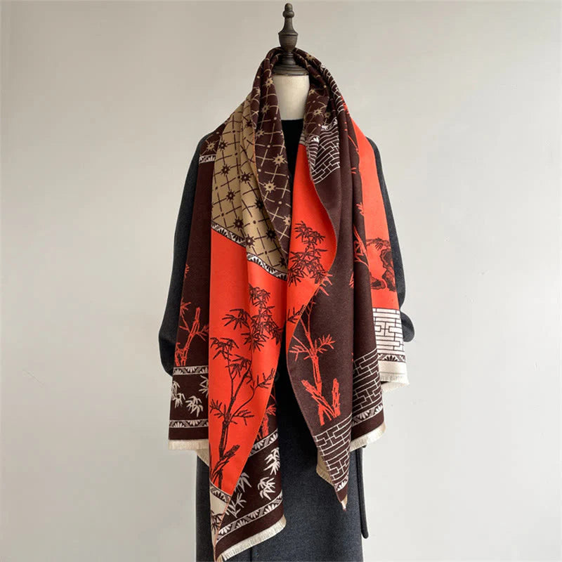 Buddha Stones Winter Bamboo Leaf Little Bird Pattern Cozy Scarf Shawl
