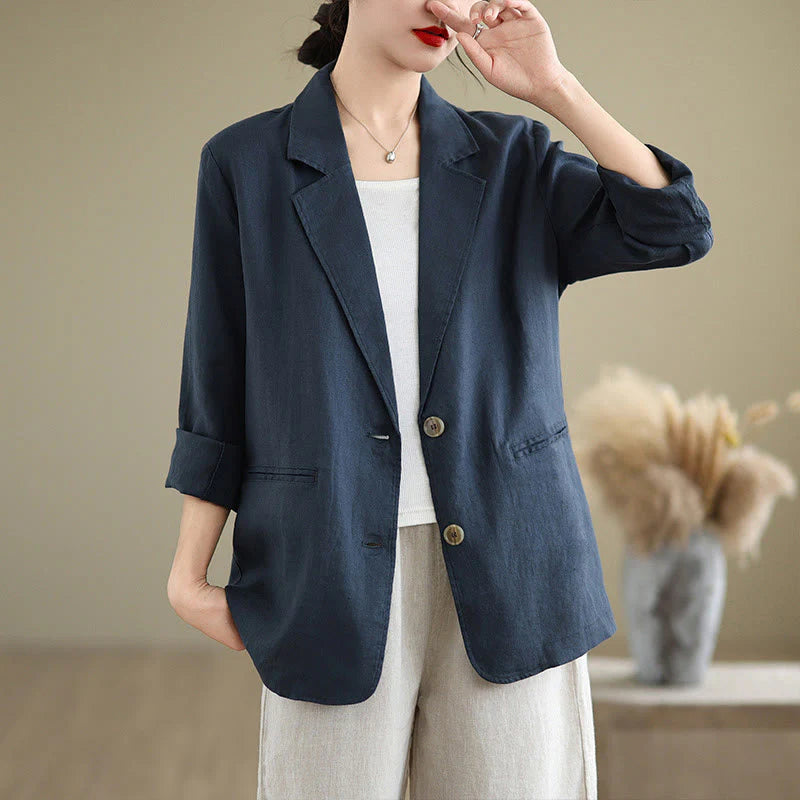 Buddha Stones Spring Solid Color Long Sleeve Cotton Linen Women's Jacket With Pockets