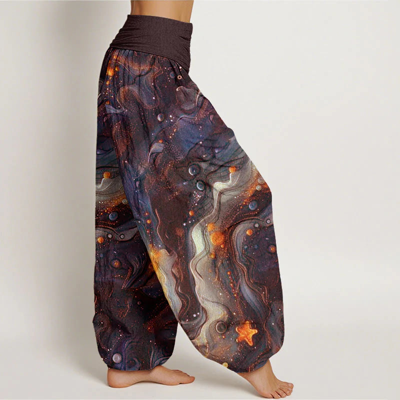 Buddha Stones Cotton Oceanic Golde Star Pattern Women's Elastic Waist Harem Pants