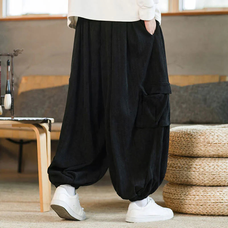 Buddha Stones Fall Winter Men's Drawstring Chenille Corduroy Cargo Pants With Pockets
