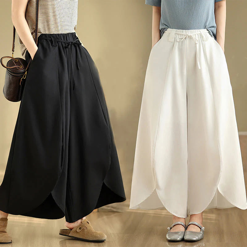 Buddha Stones Summer Vintage Lace-Up Women's Wide Leg Split Pants With Pockets