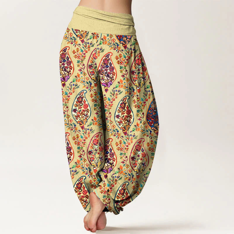 Buddha Stones Cotton Brightly Colored Retro Flowers Leaves Pattern Women's Elastic Waist Harem Pants