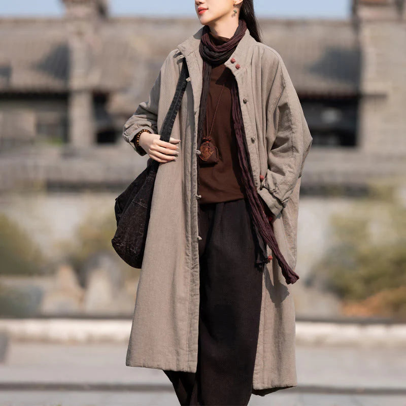 Buddha Stones Winter Solid Frog-Button Ramie Cotton Women's Long Sleeve Thermal Coat With Pockets