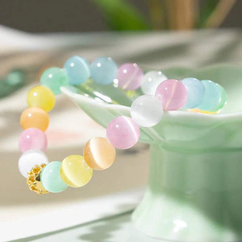 Buddha Stones Hollow Design Multicolor Cat's Eye Round Beads Positive Bracelet