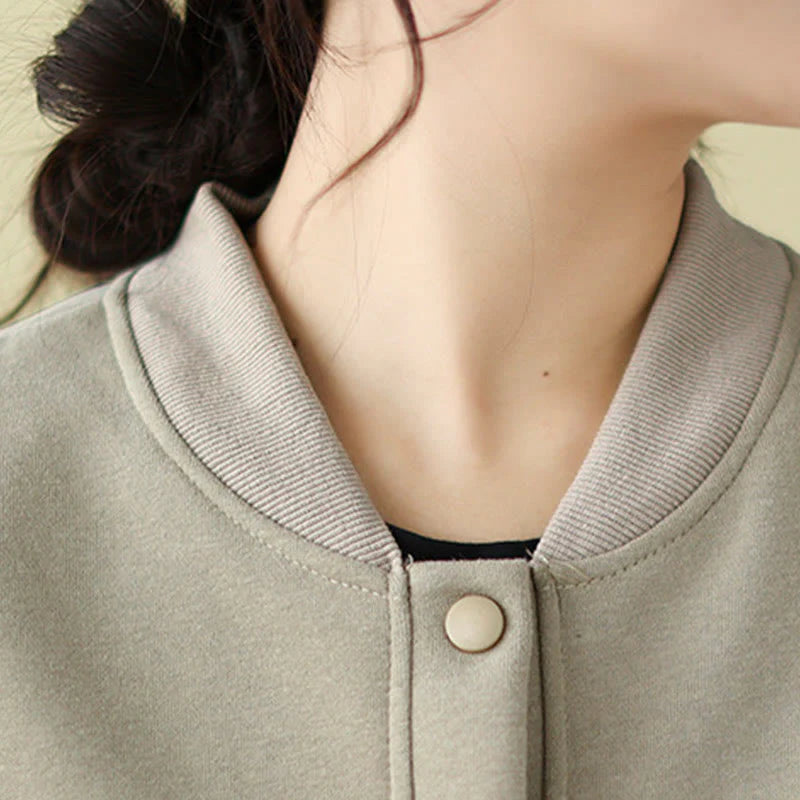 Buddha Stones Plain Women's Buttons Crew Neck Long Sleeve Cotton Jacket With Pockets