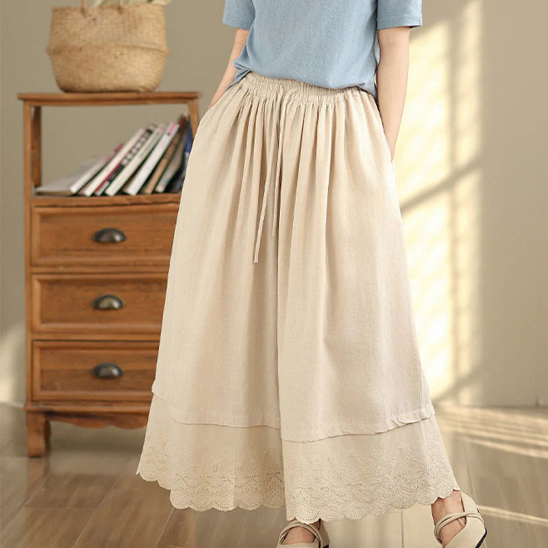 Buddha Stones Spring Embroidery Lace Hem Patchwork Drawstring Design Women's Wide Leg Cotton Pants With Pockets