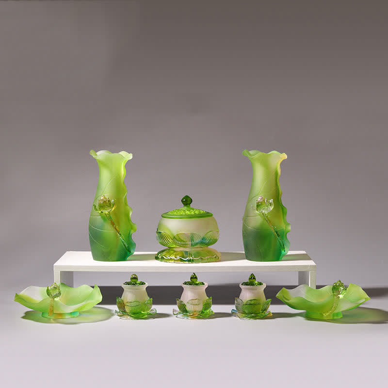 Buddha Stones Feng Shui Lotus Handmade Liuli Crystal Art Piece Home Office Offering Decoration