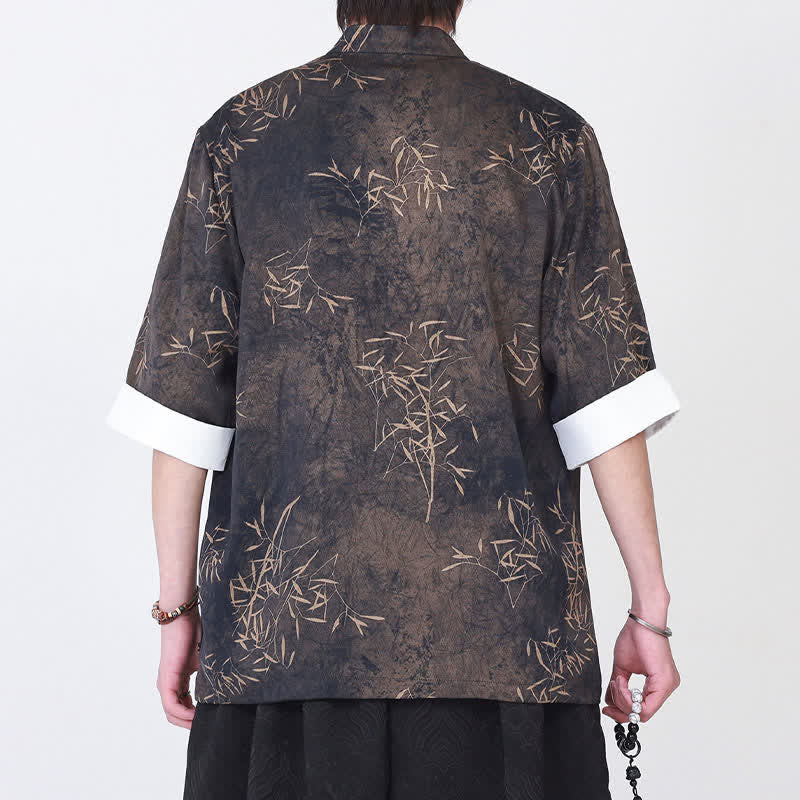 Buddha Stones Summer Bamboo Print Mandarin Collar Frog Buttons Men's Elbow-Length Sleeve Shirt