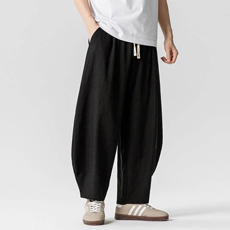 Buddha Stones Summer Pure Color Drawstring Men's Cotton Ankle-Length Pants With Pockets
