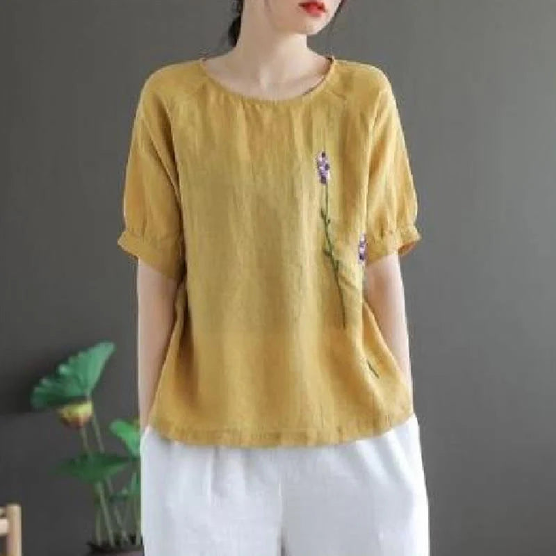 Buddha Stones Summer Vintage Embroidered Flower Pattern Women's Crew Neck Design Cotton Linen T-Shirt
