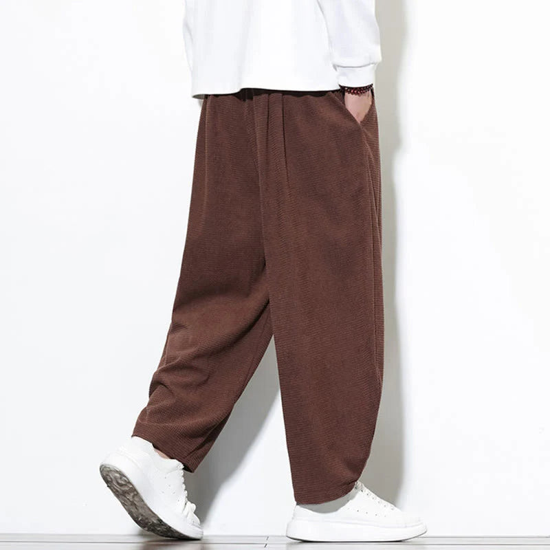 Buddha Stones Men's Plain Pure Cotton Corduroy Ankle-Length Harem Pants With Pockets