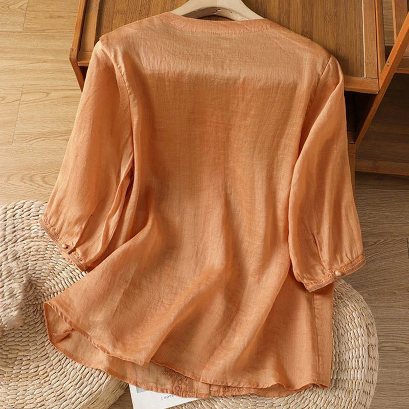 Buddha Stones Casual Embroidery Frog-Button Polyester Half Sleeve Women's V-neck Shirt