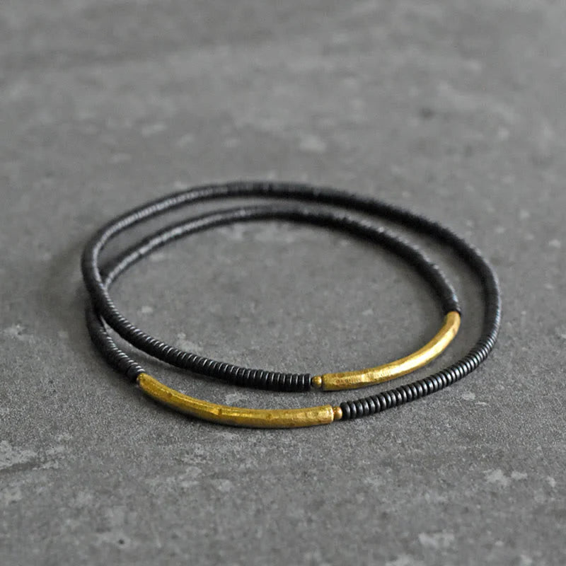 Buddha Stones Ebony Wood Brass Copper Balance Multilayered Bracelet