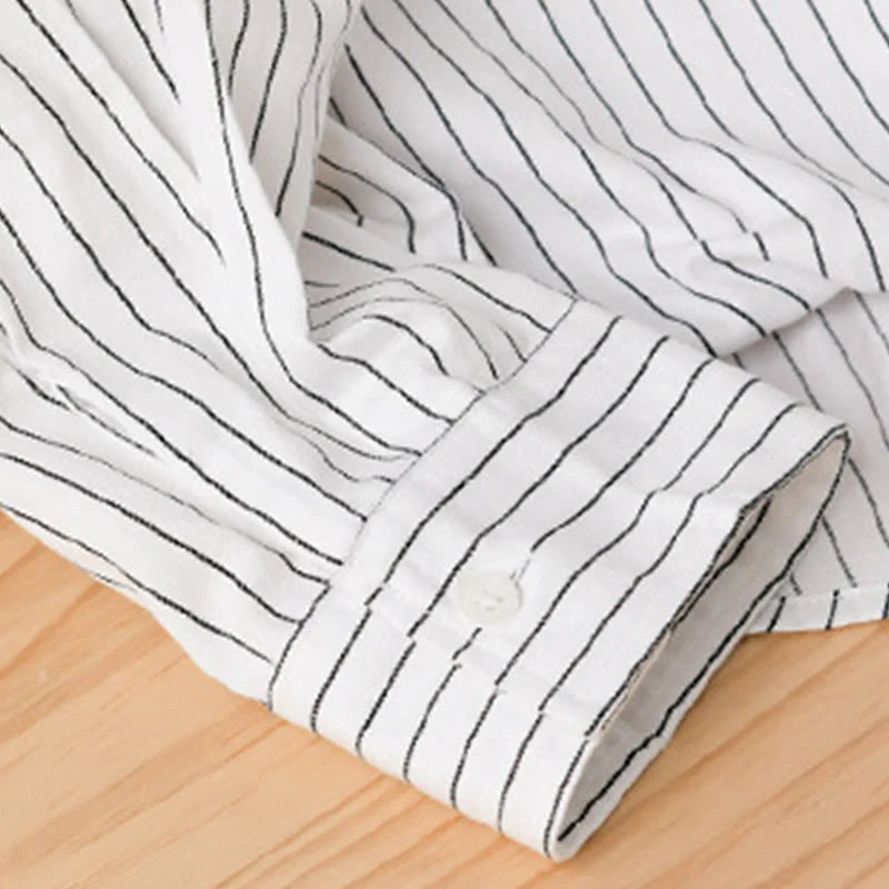 Buddha Stones Fall 2 In 1 Stripes Stand Collar Long Sleeve Men's Cotton Shirt