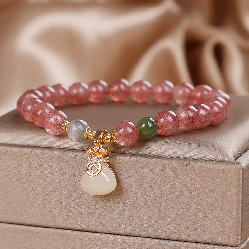 Buddha Stones Natural Strawberry Quartz Money Bag Charm Positive Bracelet