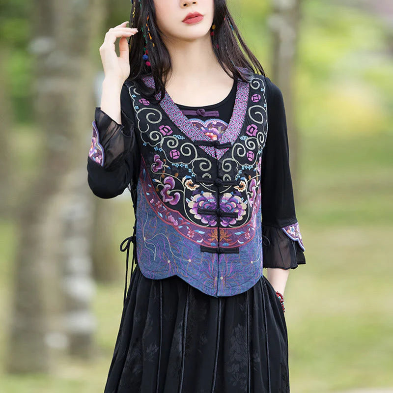 Buddha Stones Vintage Frog-Button Embroidery Purple Flower Tang Suit Design Sleeveless Vest (Extra 30% Off | USE CODE: FS30)