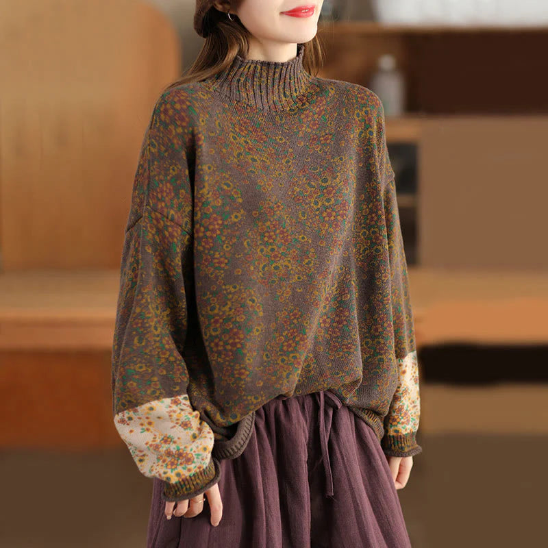 Buddha Stones Fall Printing Floral Long Sleeve Mock Neck Women's Knitted Cotton Sweater