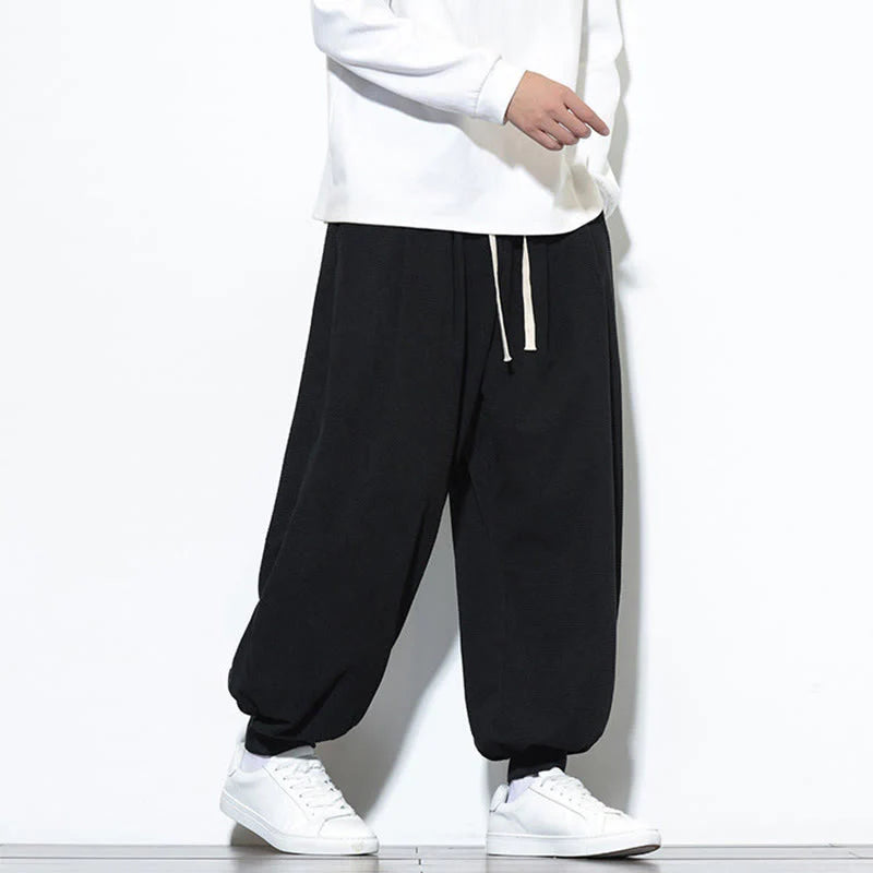 Buddha Stones Fall Plain Drawstring Simple Design Men's Harem Cotton Corduroy Pants With Pockets