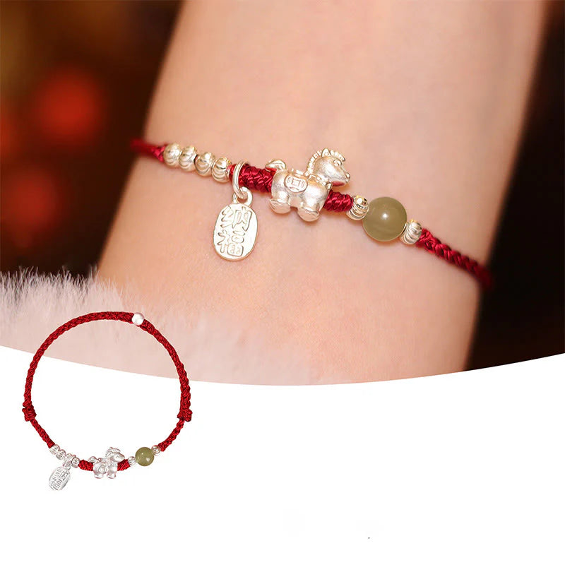 Buddha Stones Year Of The Horse Cinnabar Hetian Jade 999 Sterling Silver Red String Concentration Bracelet