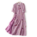 Buddha Stones Summer Orchid Floral Stand Collar Design Short Sleeve Midi Dress With Pockets