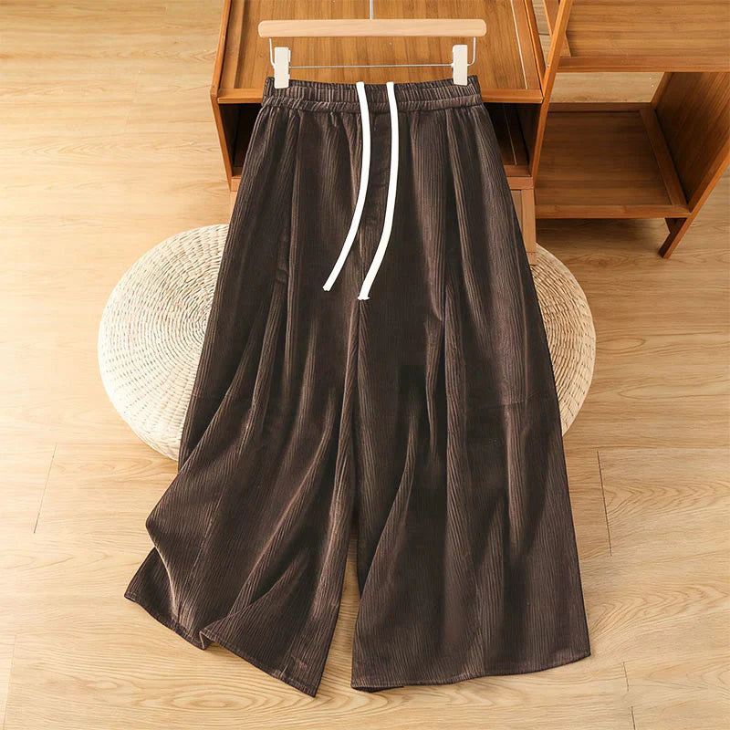 Buddha Stones Plain Elastic Waist Women's Cropped 7-8 Length Wide Leg Corduroy Pants