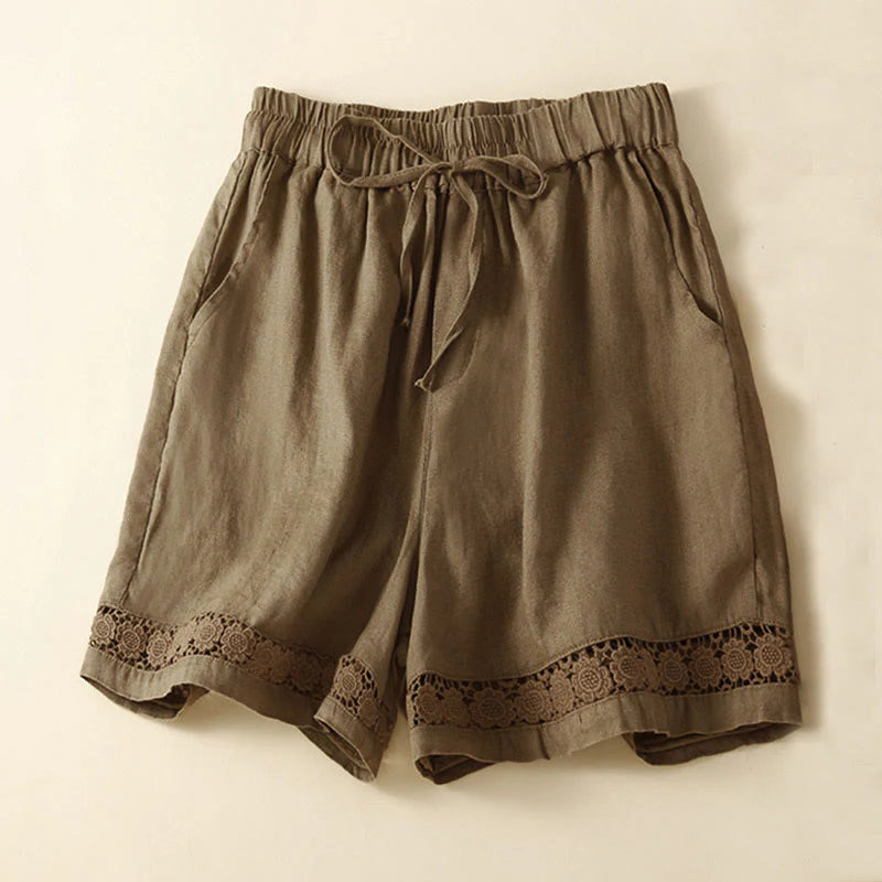 Buddha Stones Plain Color Bottom Hollow Lace Design Lace-up Cotton Women's Shorts With Pockets
