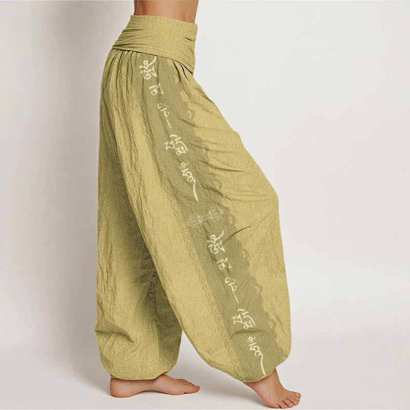 Buddha Stones Cotton Om Mani Padme Hum Pattern Women's Elastic Waist Harem Pants