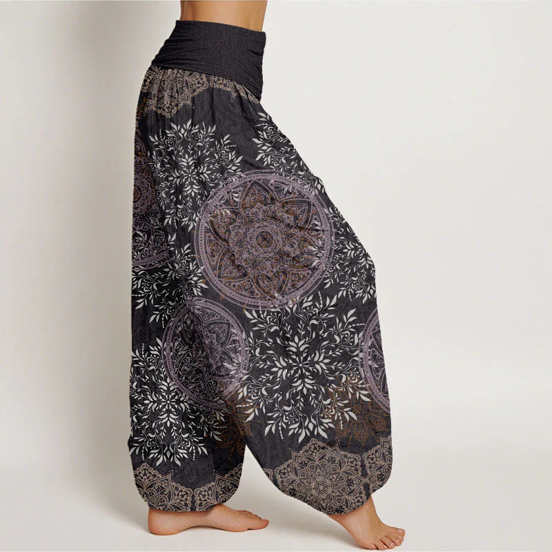 Buddha Stones Cotton Mandala Pattern Leaves Women's Elastic Waist Harem Pants
