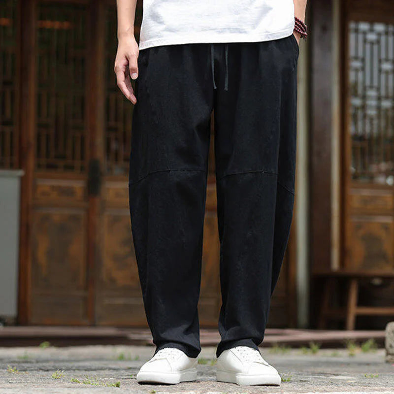 Buddha Stones Solid Drawstring Men's Elastic Waistband Cotton Linen Pants With Pockets