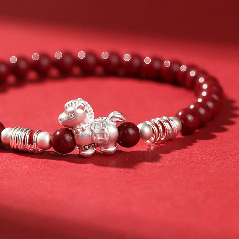 Buddha Stones Year Of The Horse Red Agate 999 Sterling Silver Cinnabar Calm Bracelet