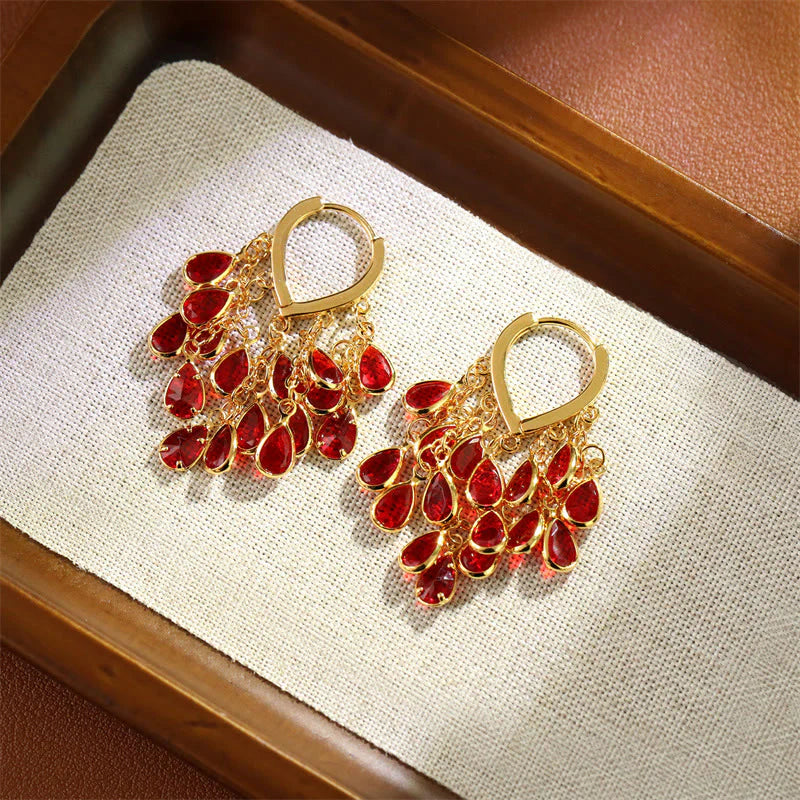 Buddha Stones Red Water Droplet Tassel Healing Copper Hoop Earrings