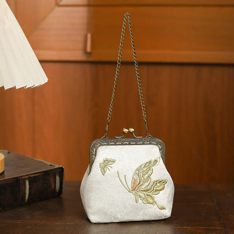 Buddha Stones Orchids Oriental Cherry Butterfly Embroidery Metal Handle Handbag