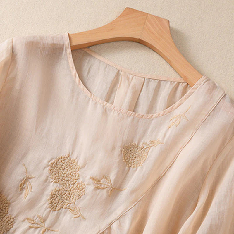 Buddha Stones Embroidered Flower Crew Neck Design Women's Cotton Linen Half Sleeve Shirt