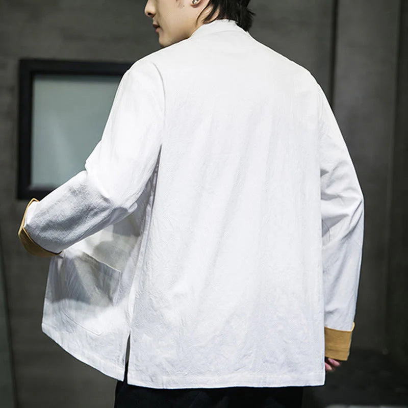 Buddha Stones Embroidery Cranes Pattern Frog-Button Men's Cotton Long Sleeve Jacket With Pockets