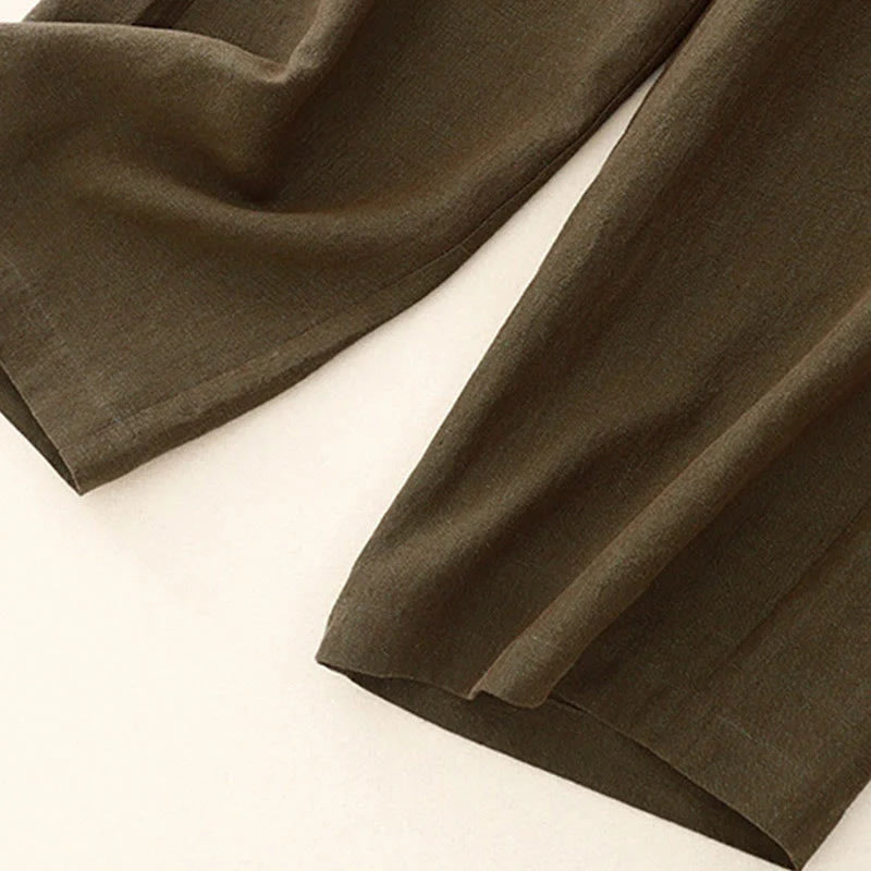 Buddha Stones Casual Plain Women's Cotton Linen Elastic Waist  Wide Leg Pants With Pockets