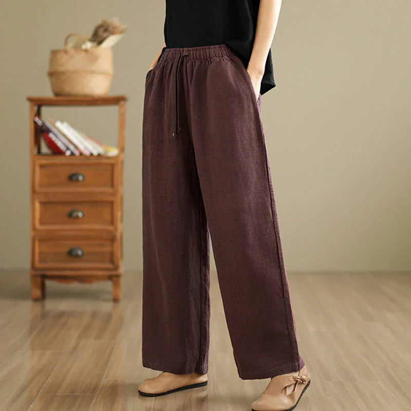 Buddha Stones Commute Retro Solid Color Women's Harem Drawstring Cotton Pants With Pockets