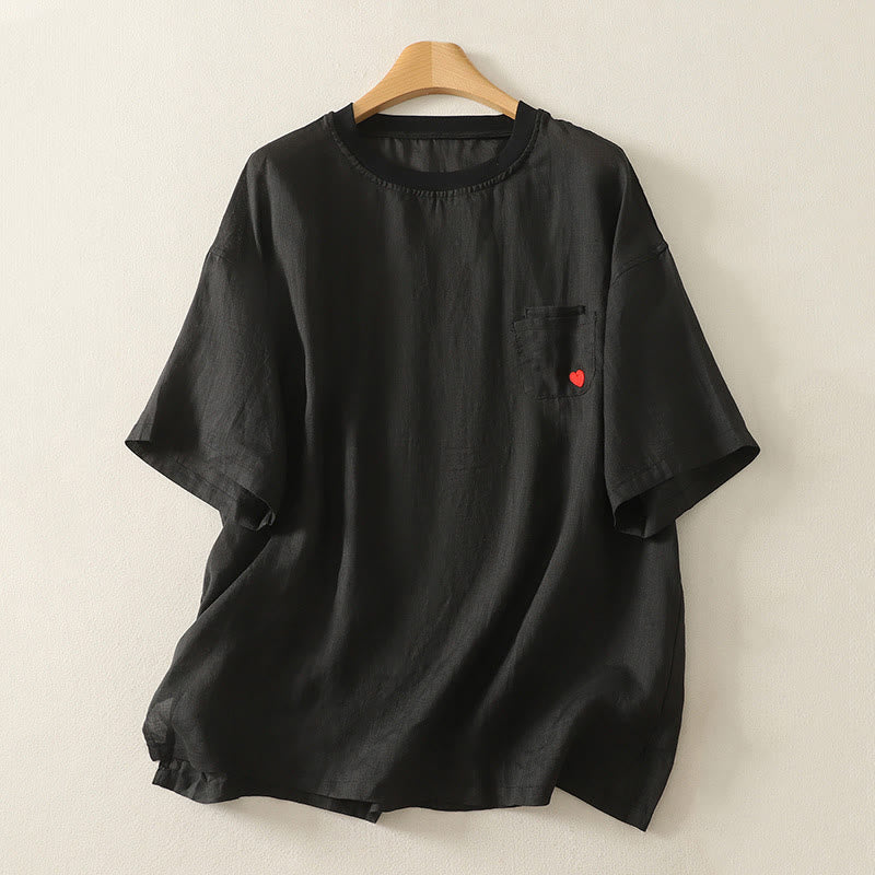 Buddha Stones Casual Embroidery Red Heart Short Sleeve Women's Cotton Linen T-Shirt