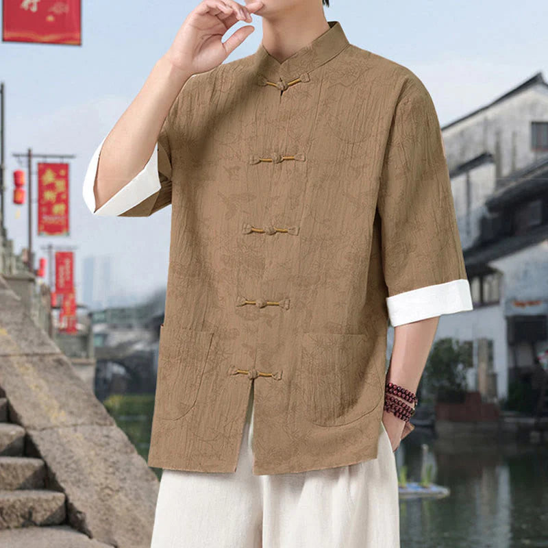 Buddha Stones Summer Crane Pine Tree Pattern Tang Suit Men's Frog-Button Half Sleeve Cotton Shirt With Pockets