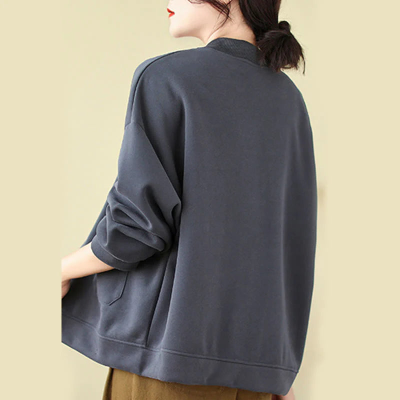 Buddha Stones Plain Women's Buttons Crew Neck Long Sleeve Cotton Jacket With Pockets