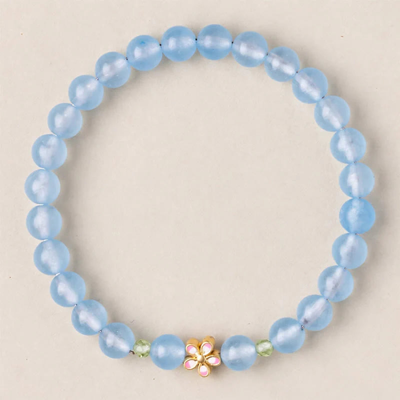 Buddha Stones Natural Aquamarine Gold-Plated Copper Flower Healing Bracelet
