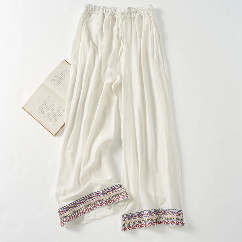Buddha Stones Plain Bohemian Stripes Women's Wide Leg Pants With Pockets